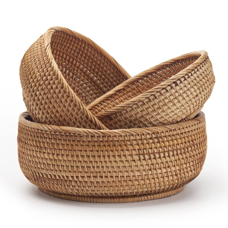 DECRAFTS Round Rattan Fruit Baskets Woven Storage Bowls Key Holder Stackable for Shelf Kitchen Tabletop Natural Set of 3 - Image 1